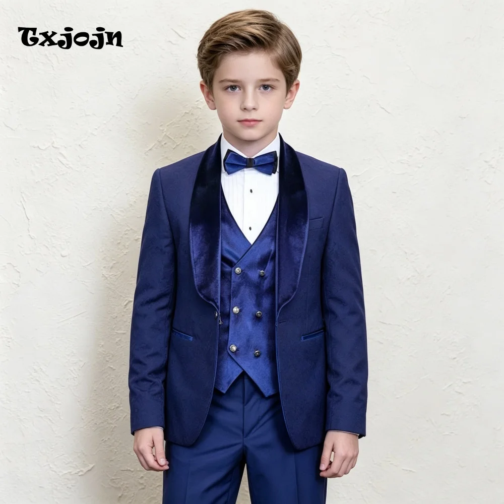 Formal Suit Set for Boys Wedding Tuxedo 3 Piece Classic Velvet Blue Jacket Pants Vest Kids Blazer Set Slim Fit Tailored Outfit