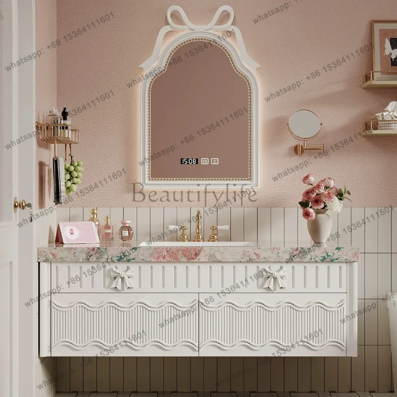 YJ Bathroom Cabinet Embossed Wavy Panel Vanity with Rare Floral Sintered Stone Top & Hidden Storage LED Side Light Mirror furnit