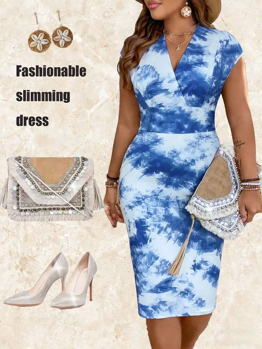 

Синее платье с V-образным вырезом и эффектом тай-дай, облегающего кроя, для лета