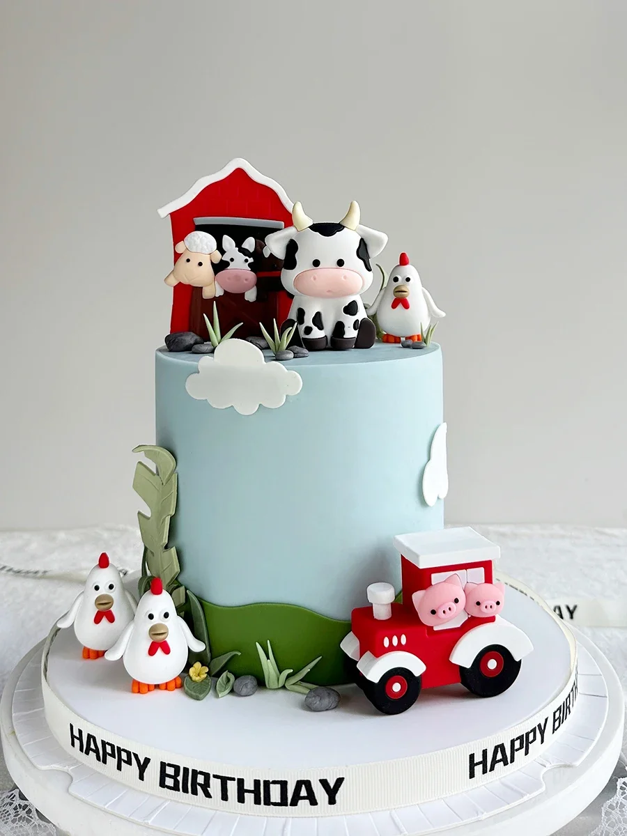 Decorazione per torta di animali da fattoria bambini buon compleanno argilla mucca pulcino fatto a mano Cake Topper bambini Baby Shower forniture