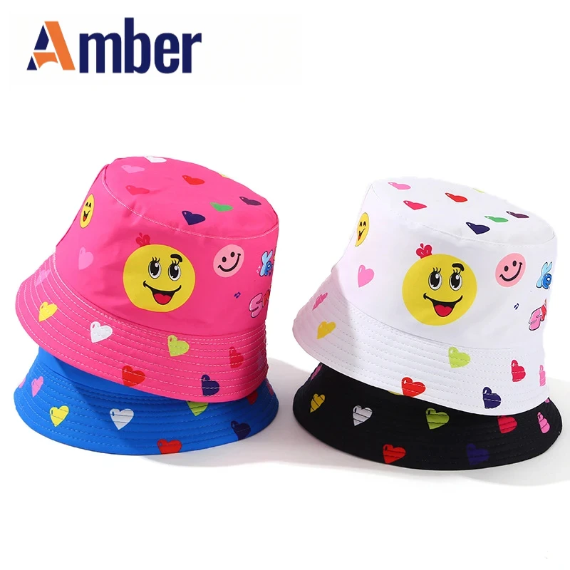 

Amber Smile Face Children Bucket Hat Boys Girls Kids Cartoon Printing Fisherman Hats Double Sides Panama Cap Summer Outdoor Sun