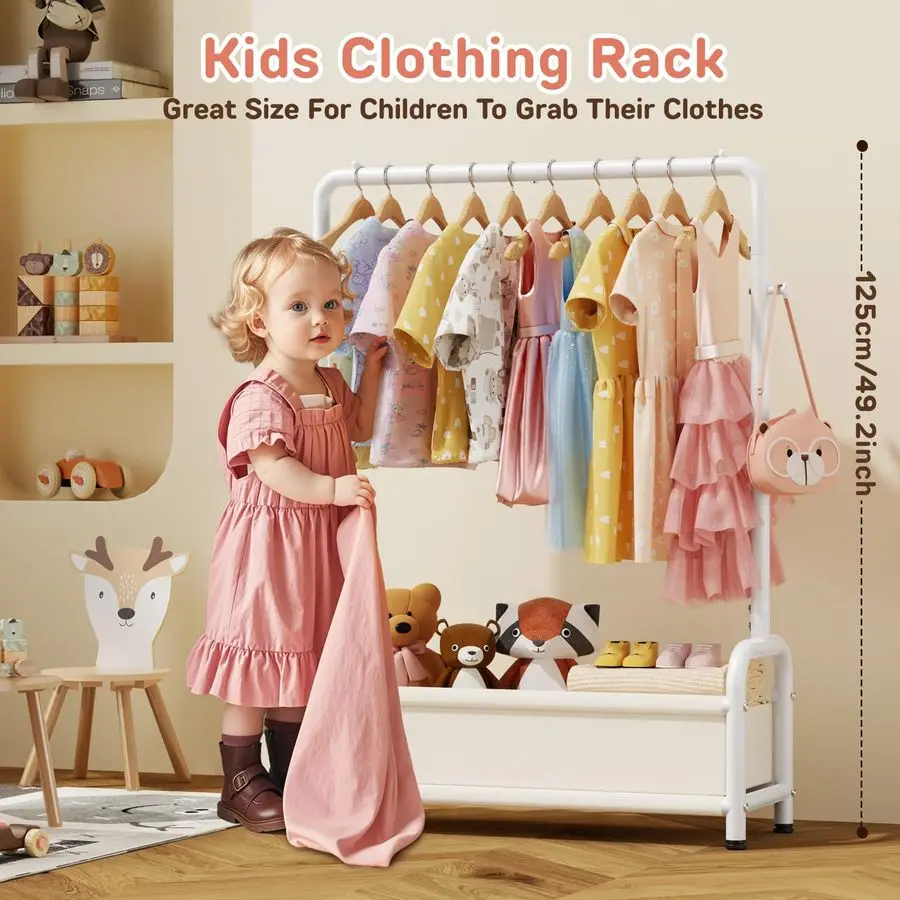 Kids Clothing Rack with Storage Shelf, Kids Dress Up Rack Storage for Coats, Small Baby Garment Rack for Hanging Clothes, Toddl