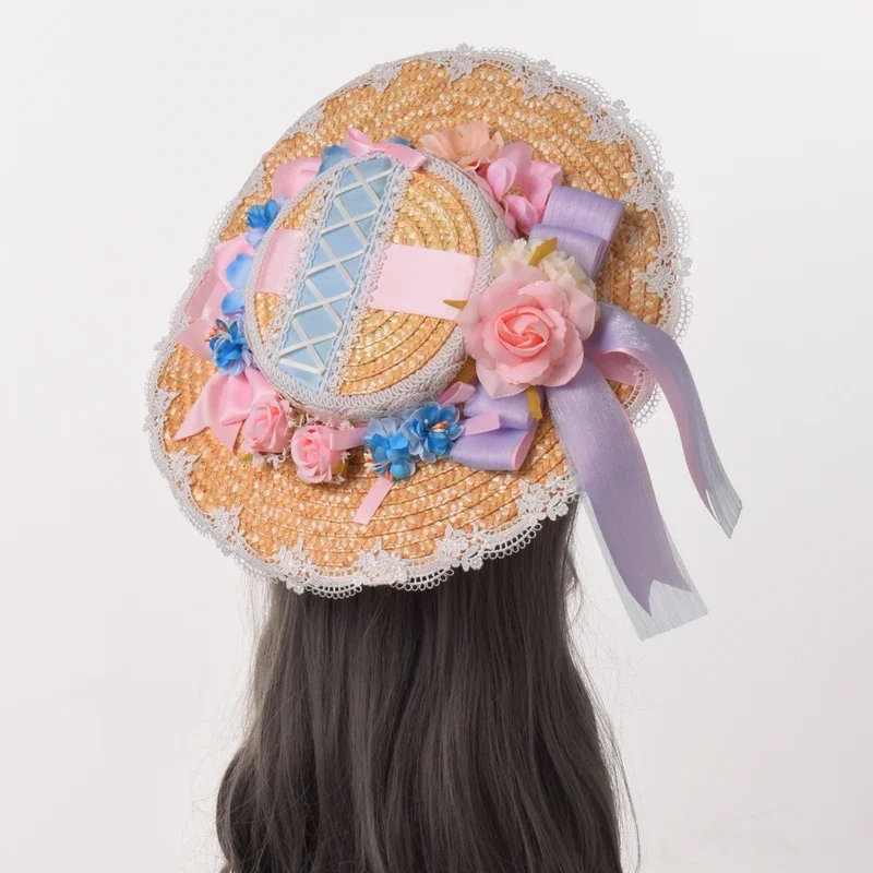 Chapeau de paille Lolita pour femmes et filles, bonnet en dentelle de style pastChevvictorien, chapeau plat pour costume Tea Party