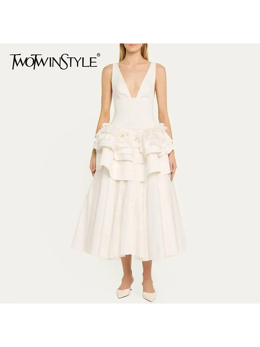 TWOTWINSTYLE الصلبة تقسم الكشكشة طيات فساتين طويلة أنيقة للنساء الخامس الرقبة أكمام تونك المرقعة أزرار فستان الإناث