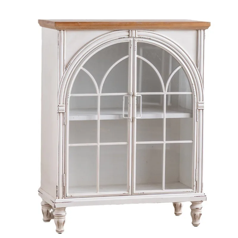 Simple online celebrity showcase personality  hotel living room storage bookcase French cream wind white glass sideboard