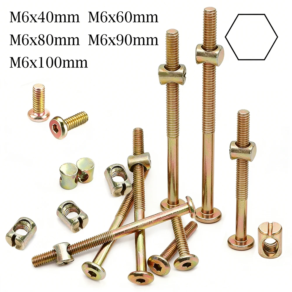 

10pcs M6 Furniture Connecting Bolts , 40-100mm Hex Socket Screws with Cross Dowel Nuts, Zinc Plated Fastener Kit for Bed Frame