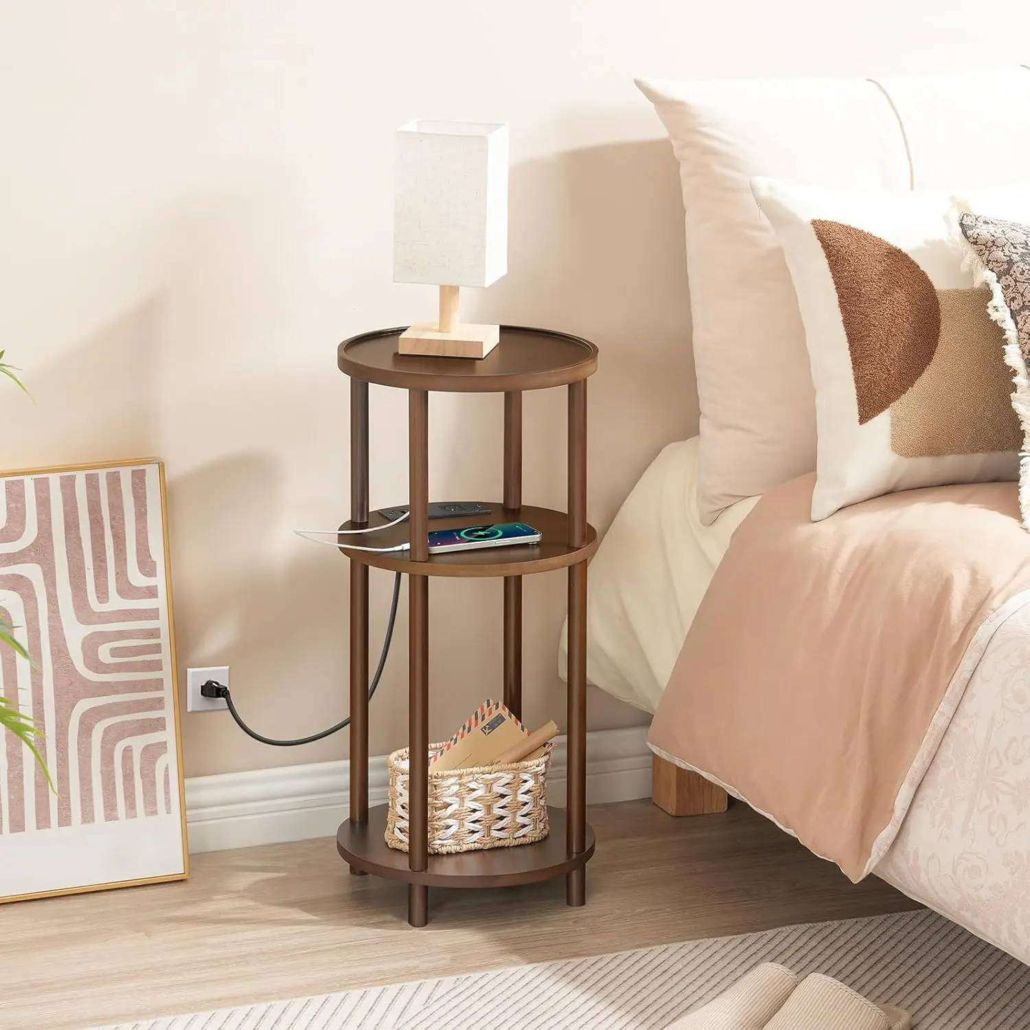 Small Round Side Table with Charging Station, 3-Tier Round Bamboo End Table, Compact Sofa Bedside Table for Small Space, Easy