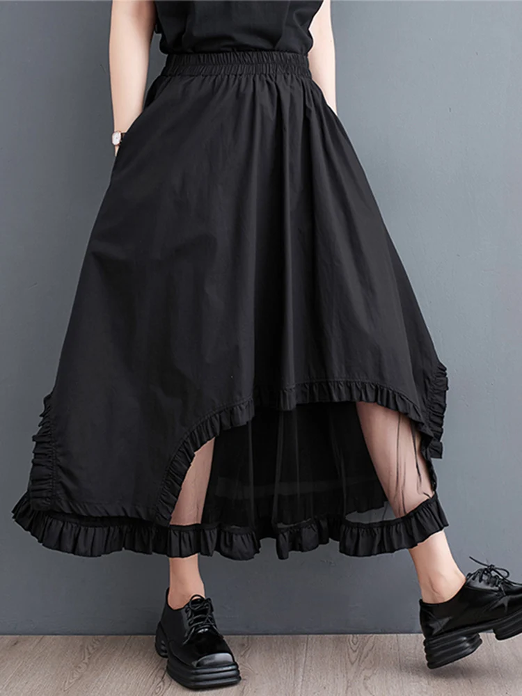 Mesh Patchwork Black Vintage High Waist Skirt Women New Irregular Plus Size Fashion Loose Casual Midi Skirts Clothes Summer 2024