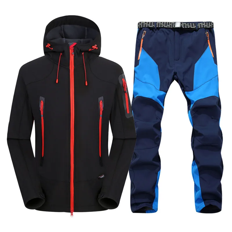 Men Outdoor Trekking Softshell Suits 1 or 2pc Waterproof Hiking Camping Fleece Jackets Pants Climbing Warm Skiing Coat Trousers