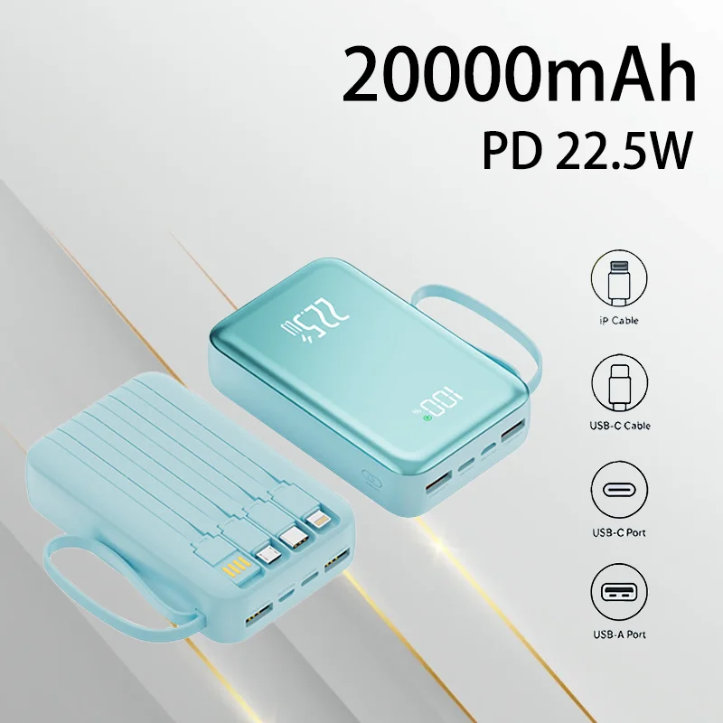 

New 20000mAh Large Capacity Power Bank with Built-in Cable, 22.5W Fast Charging, Compact Portable for Phone Emergency Charging