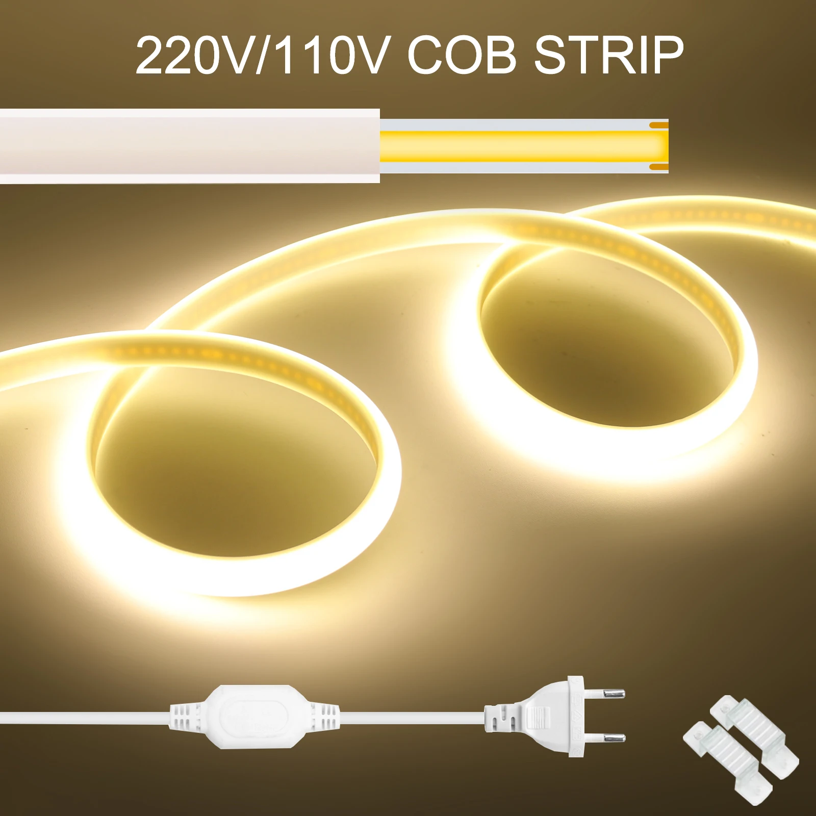 110V 220V Super Bright COB LED Strip with EU UK US Plug 288LEDs Waterproof COB Tape Ribbon Outdoor Neon Lights For Kitchen Room