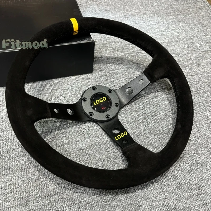 

JDM 14-inch 350mm Deep Dish Racing Steering Wheel Suede/Leather Yellow Ring Black Stitch Sports Drift Wheel PCD 70MM