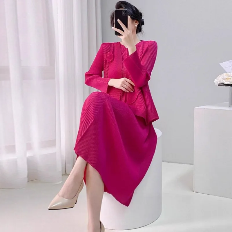 

Плиссированное женское платье с длинными рукавами, комплект Miyake, осенняя новая мода, свободный топ, кардиган, куртка, элегантный жилет, длинная юбка, комплект из 2 предметов, 2025 г.