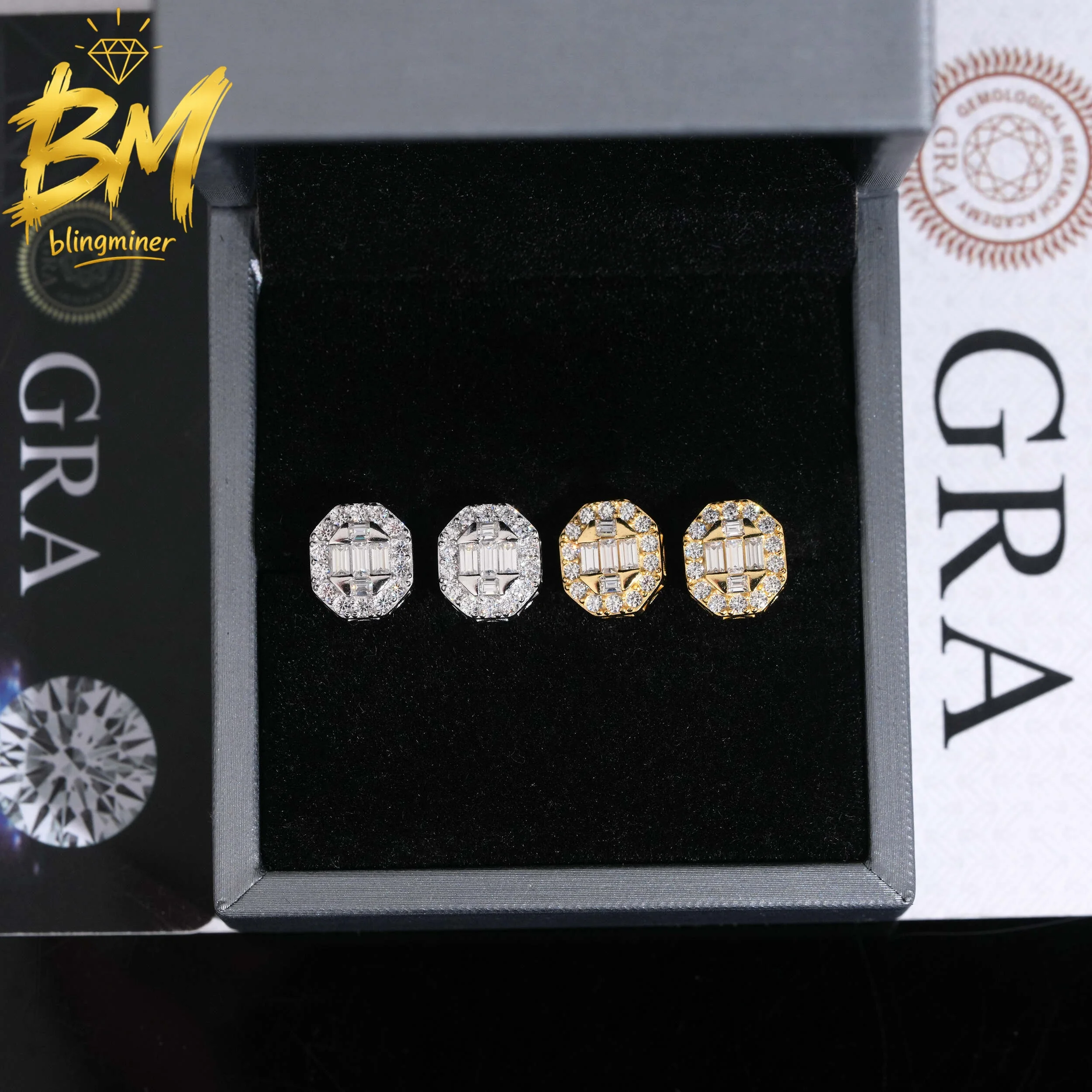 Blingminer Hip Hop 10mm S925 Silver VVS Moissanite Earrings For Men Women Ear Studs Jewelry Pass Diamonds Tester GRA Free Shippi