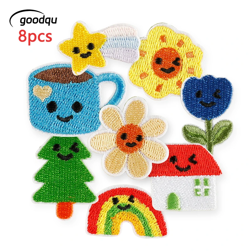 8 Stück Regenbogen-Blumen Niedliche Aufbügelbare Patches für Kleidung, Bestickte Thermoadhäsive Kleine Kinder-Aufnäher, Stoff-Applikation, Aufkleber, DIY – Detail 1