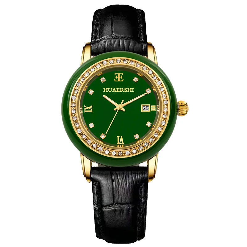 Natural Jade Watch Diamond Inlay Quartz Wristwatch Couple Clock Lovers Male Female Luxury Green White Gemstone Case Gold Watches