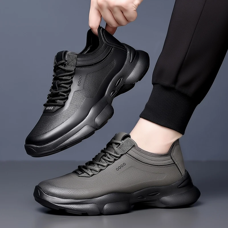 

Повседневная мужская обувь. Высококачественная и дышащая стильная обувь для спорта и прогулок на открытом воздухе. Черно-серые туфли на толстой подошве. Новинка.