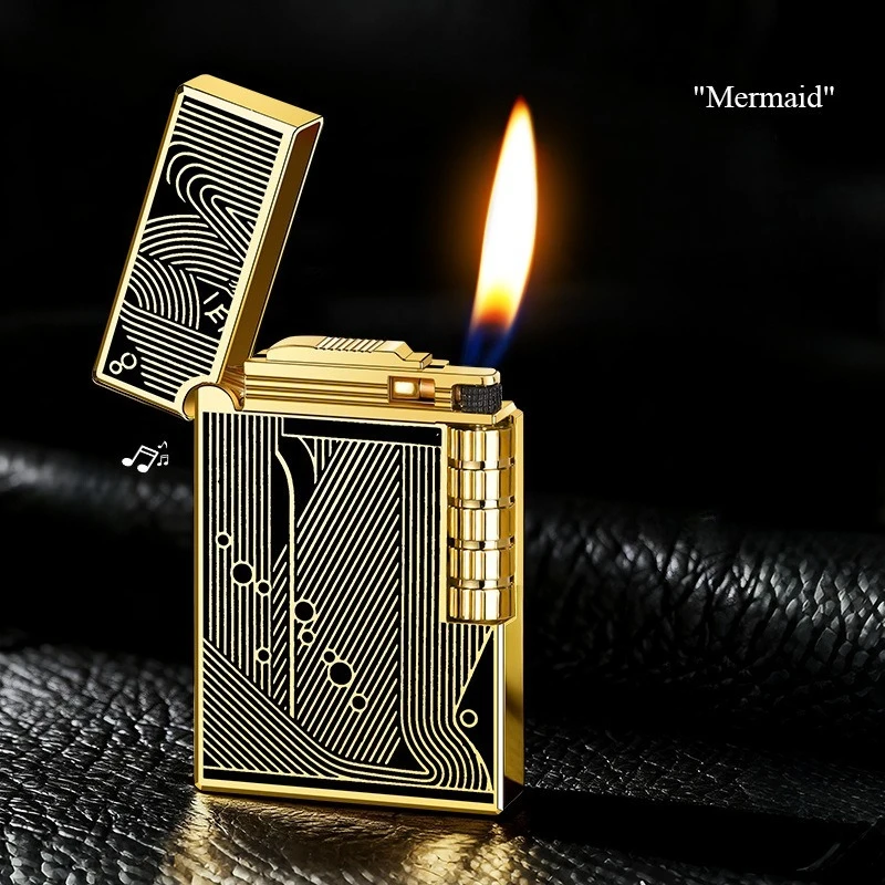 2026 New Metal Sound Gas Butane Lighter Vintage Windroof Gold Sleeping Mermaid Pattern Side Slip Unique Fighters for Smokers
