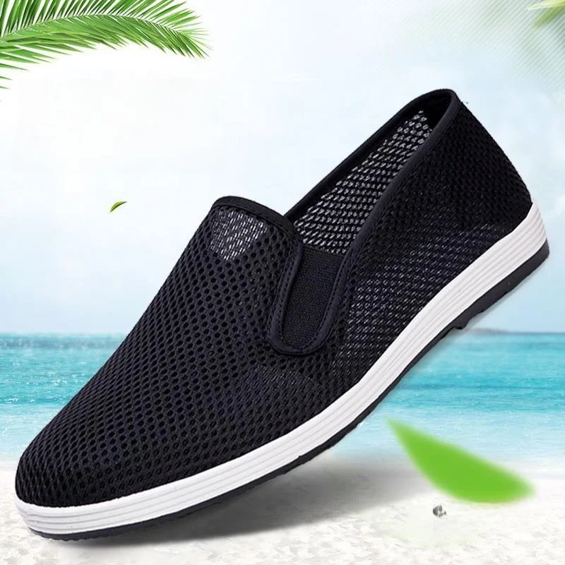 Old Beijing Cloth Shoes Men's Summer Breathable Mesh Shoes Driving Work Casual Mesh Upper Slip-On Thousand-Layer Sole Shoes