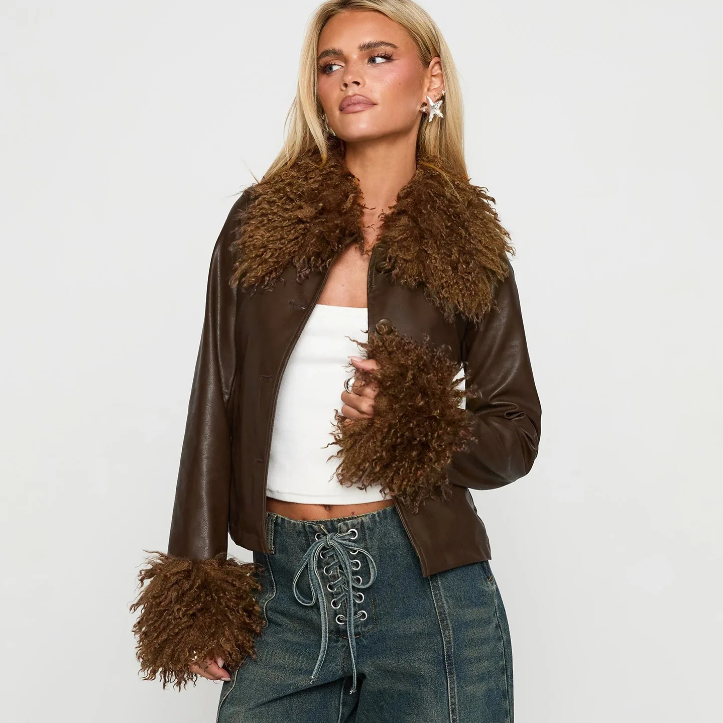Leather Fur Jacket Sexy Coats Casual Fashion Tops 2026 Women Autumn Winter Clothes Cargo Cyber Y2K Streetwear PU Jackets