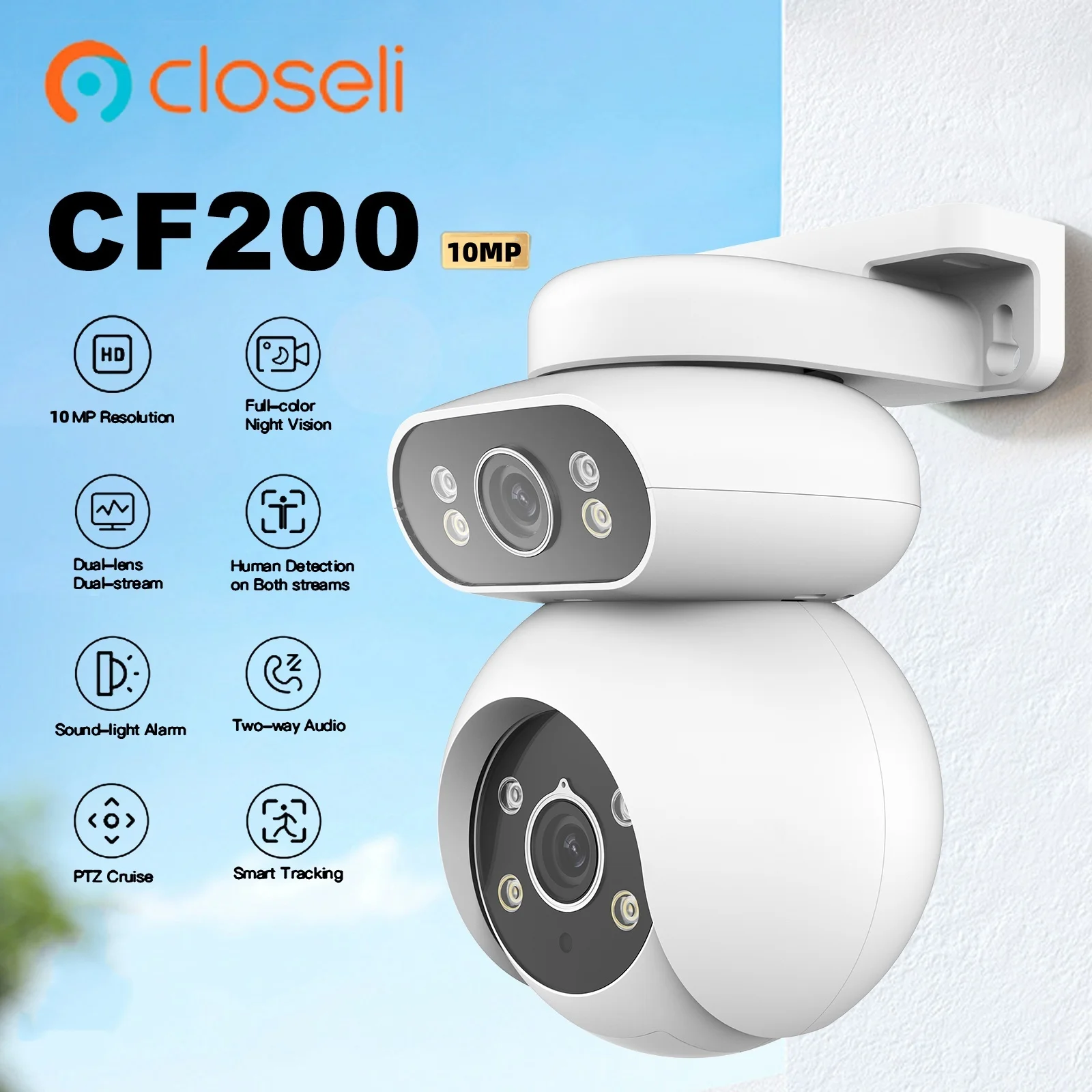 Closeli 야외 보안 카메라, 인체 감지, 듀얼 스크린 IP 카메라, 보안 보호, WiFi 감시, CF200, 10MP, 5 + 5MP