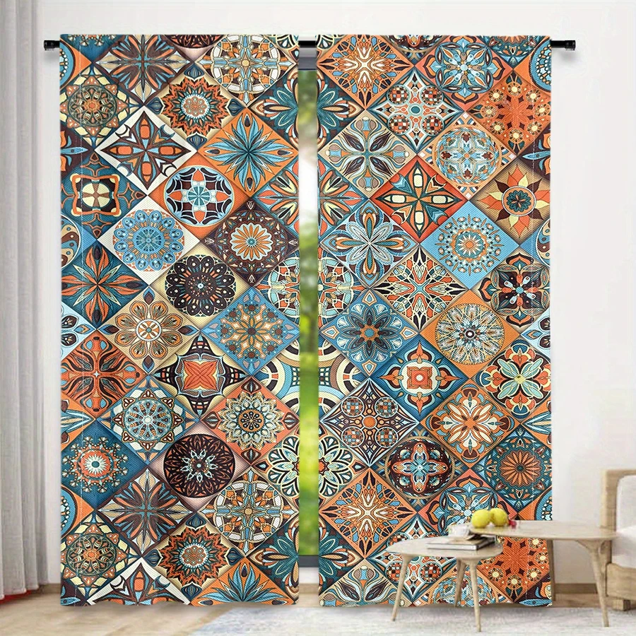 2 PCS Diamond Boho Curtains, Ethnic Vintage Style Window Drapes for Living Room Bedroom Home Decor Polyester Rod Pocket Design