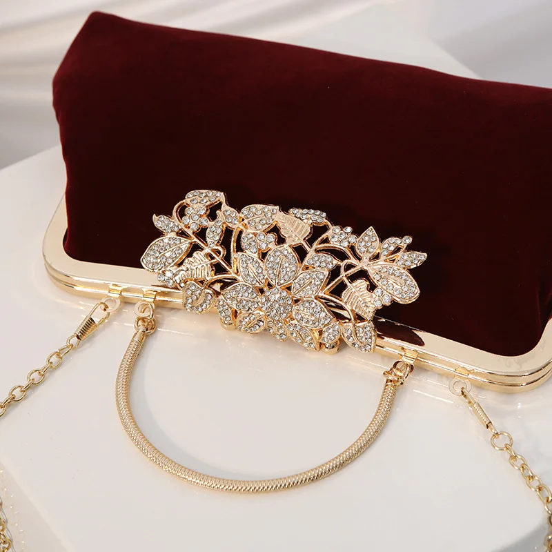 Vintage Wine Red Velvet Evening Bags For Women Fashion Luxury Rhinestone Buckle Clutches Chain Shoulder Bag Prom Party Handbags