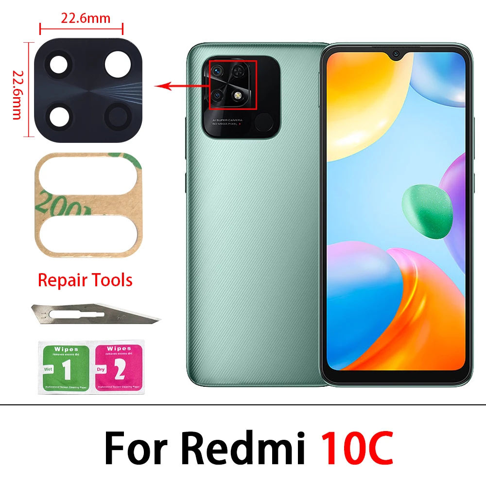 Szklany obiektyw tylnego aparatu z naklejką na klej do Xiaomi Redmi 12C 10A 10C 10 9T 9A 9C 9 8A 8 7 7A szklany obiektyw