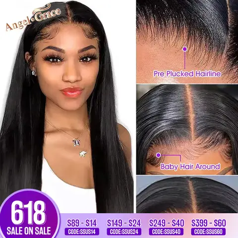 Angel Grace 13x4 Straight Human Hair Wigs Transparent Lace Frontal Wig Natural Color 4x4 Lace Closure Wigs Pre-Plucked Hair 180%