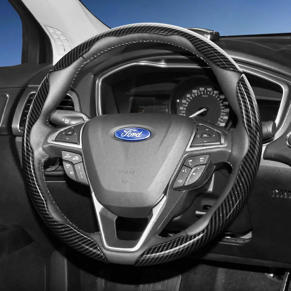Capa de Volante em Fibra de Carbono com Design Segmentado para Ford F-Series F-150 Super Duty Ranger E-Transit Puma Gen-E Explorer Kuga Escape Maverick Mustang Mach-E Sport Preto