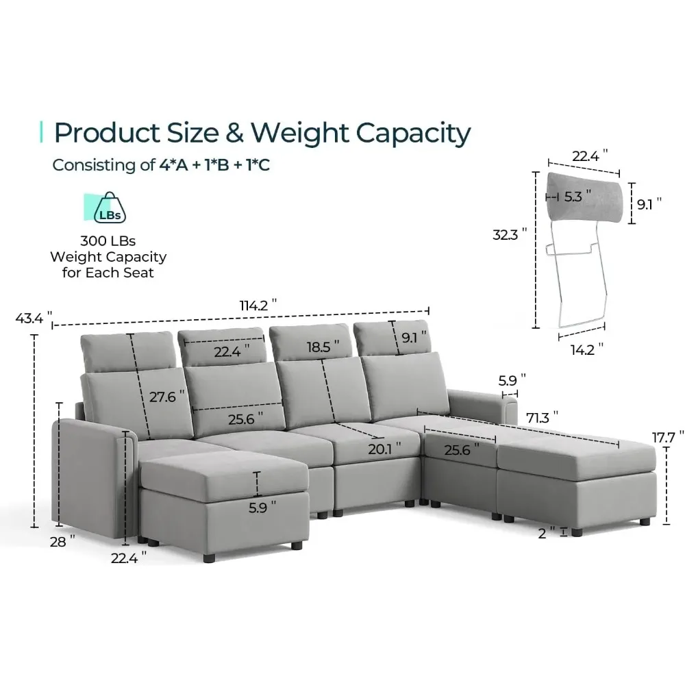 7 Seat Modular Sectional Sofa,Upgraded High Back Sectional Couch, U Shaped Sofa Bed with Storage, Sofa Covers Removable, Ottoman