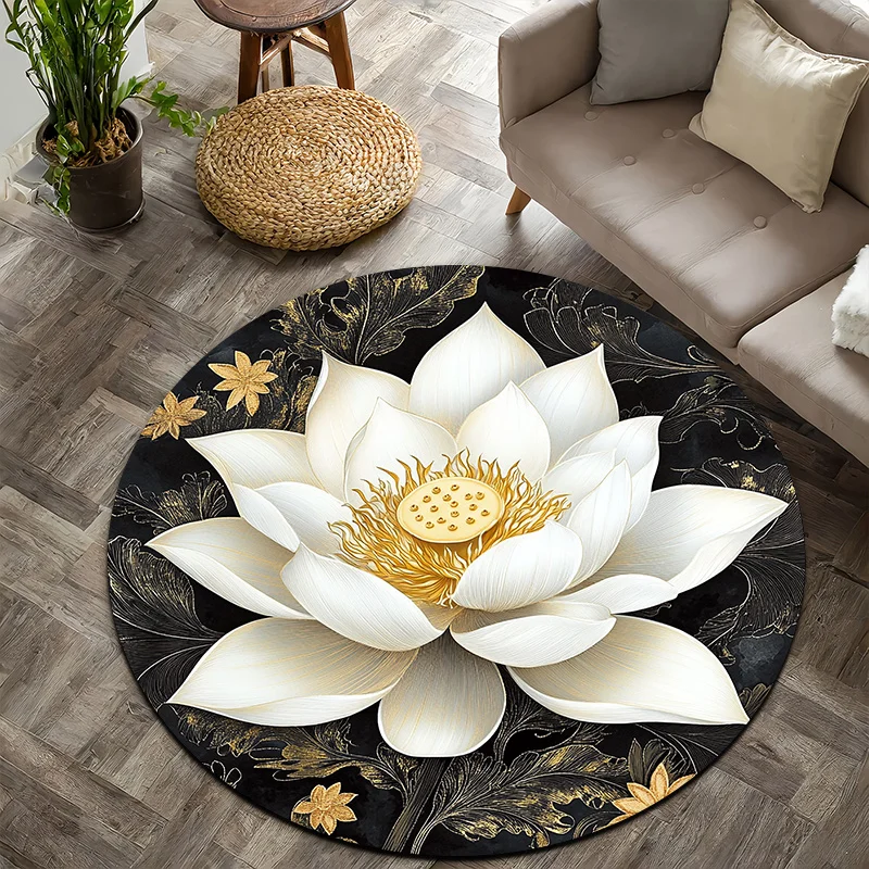 Black Gold White Lotus Theme Flannel-printed round floor mats are slip-resistant Suitable for living room terrace garden carpets