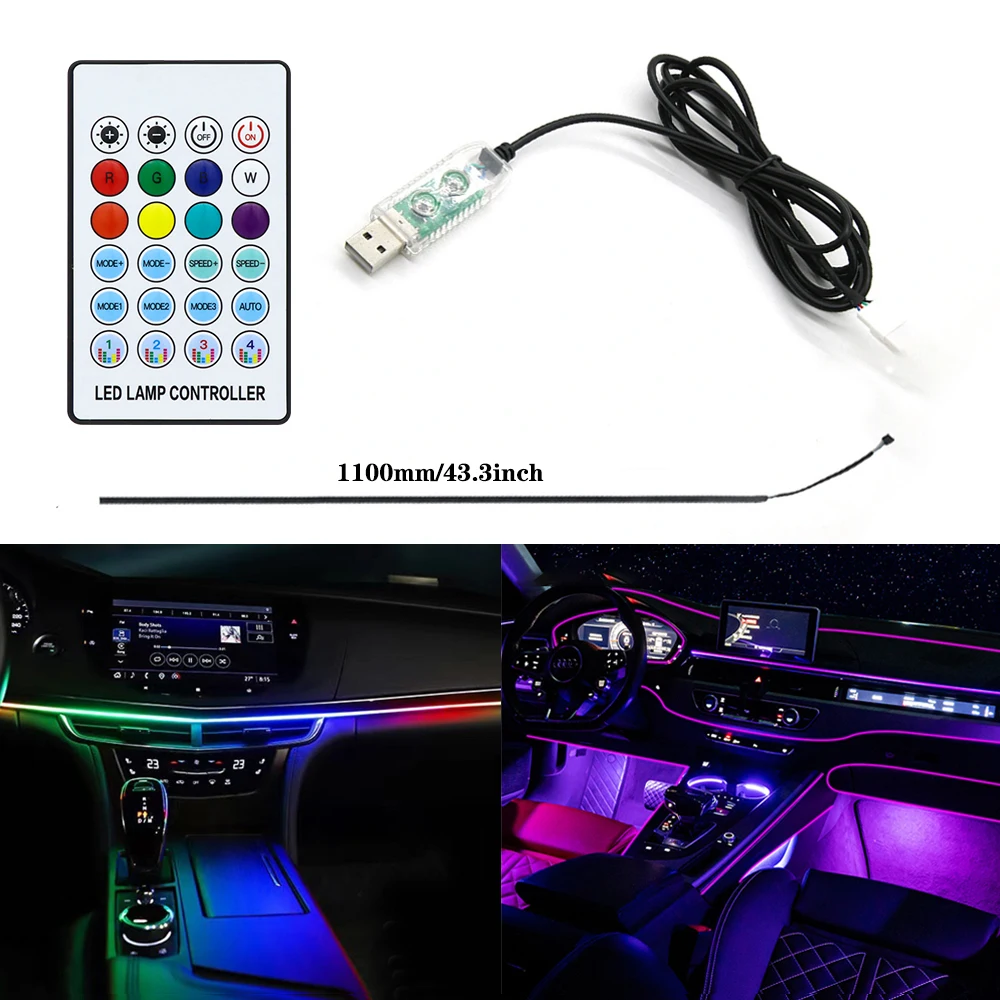 RGB Car Light Strip 64 Colors Acrylic Neon LED 110cm Ambient Atmosphere Interior Hidden With APP Remote Control Decorative Lamp