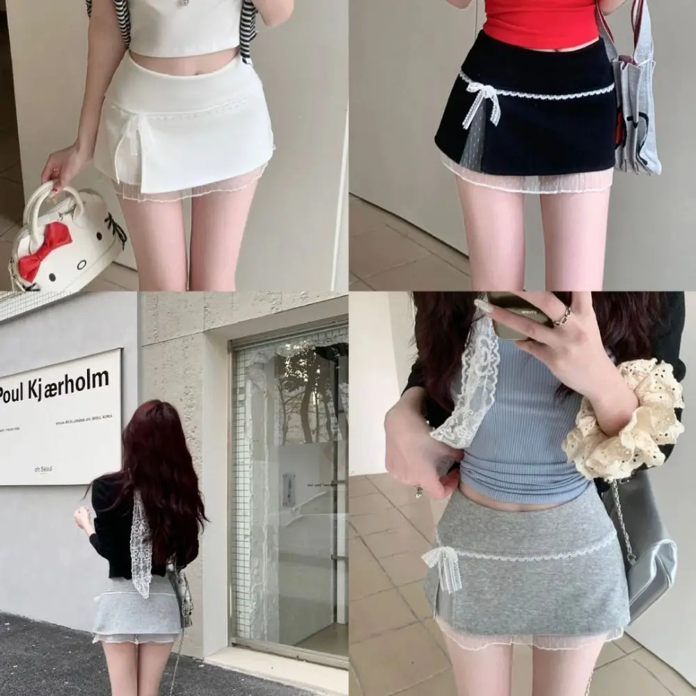 

New Sweet Bow Lace Women Skirts A-line Y2K Lace Mini Skirt Ultra Short High Waist Hugging Skirt Ruffles Skirt Summer