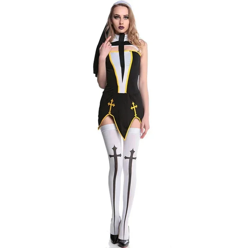 

Full Set Sexy Bad Habit Nun Costume Women Exotic Role play Uniform Adult Halloween Cosplay Religious Sister Fancy Dress