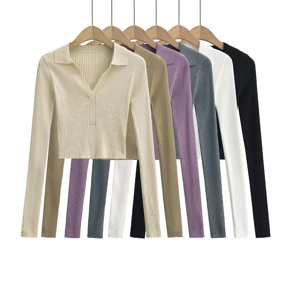

Spring Women's Deep V Lapel Knitted T-shirt Slim Fit Long-Sleeved Sweater Top Stretchy Short Casual Knitwear