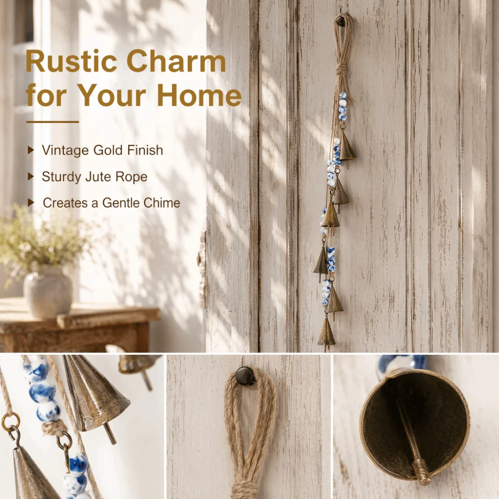 Metal Rustic Metal Cowbell Built-in Metal Clapper 16.93in Jute Rope Hanging Bell Weather-resistant Structure