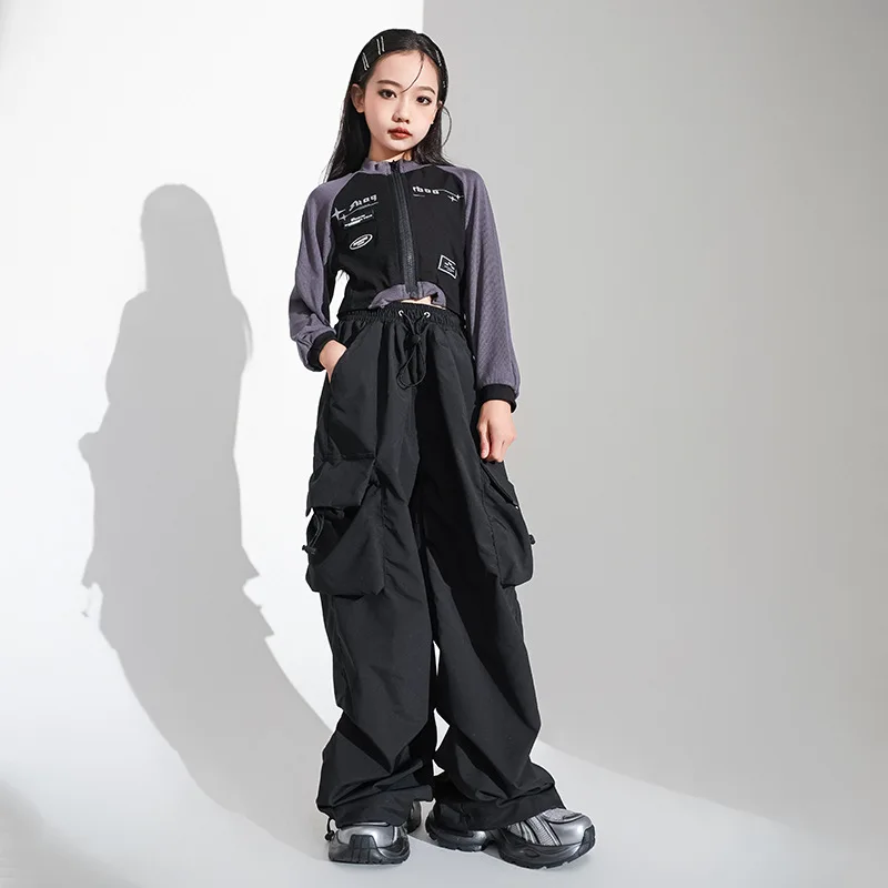 Children Girls Teen Streetwear Hip Hop Jazz Dance Clothing Navel Exposed Zipper T-shirt Pants Sets Kids Tracksuits Costumes