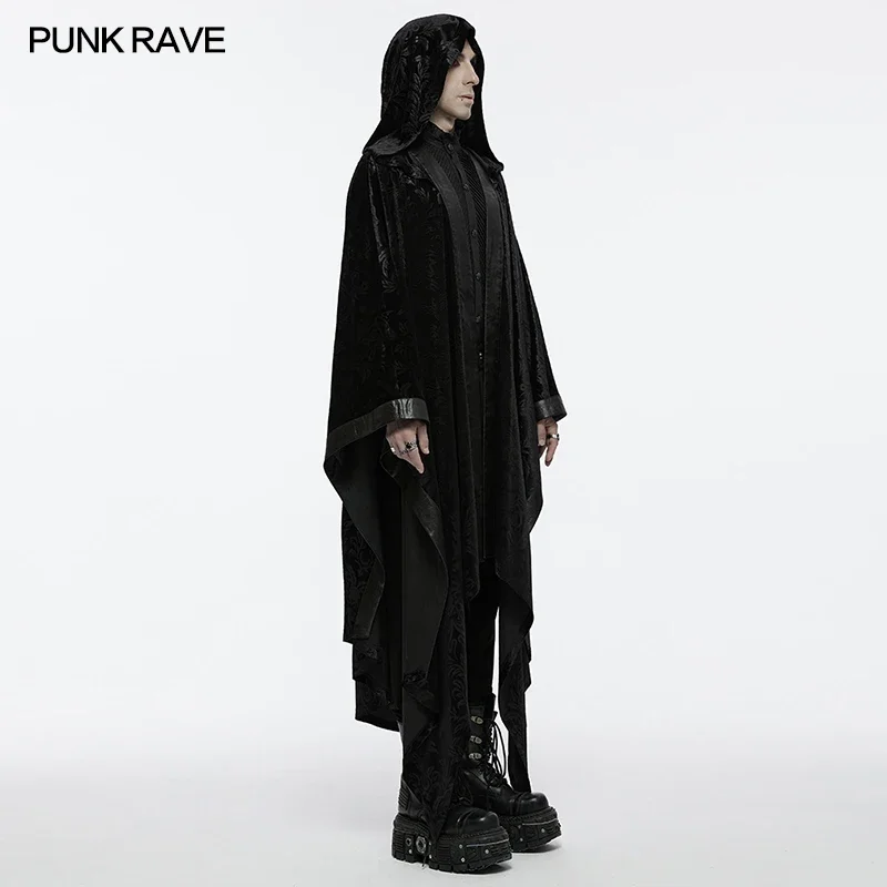 PUNK RAVE Gothic Novelty Men's Black Red Overbearing Winter Long Cloak with Fur Men Cosplay Party Palace Wool Jacket Cape Coat