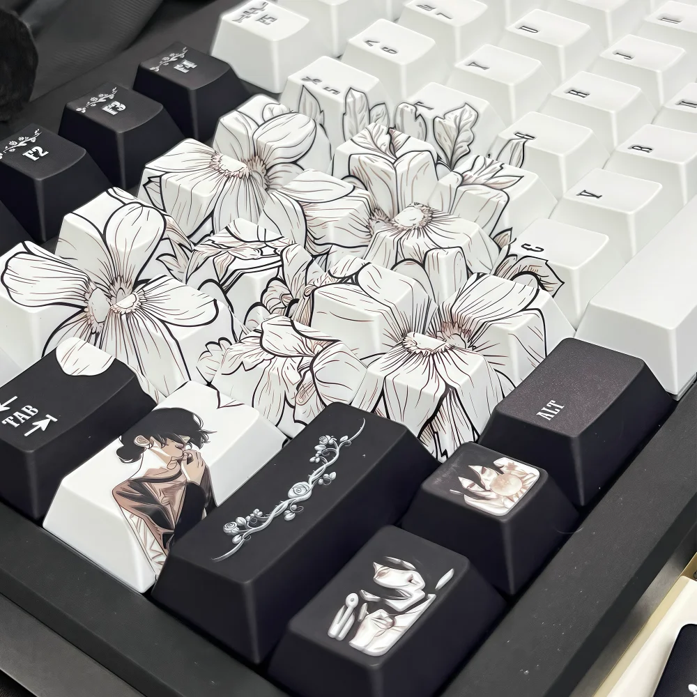 Reisai 3.0 Pro Keycap Set Anime Preto e Branco PBT Cherry Shaped Keycaps para Teclados Mecânicos 68/84/87/104