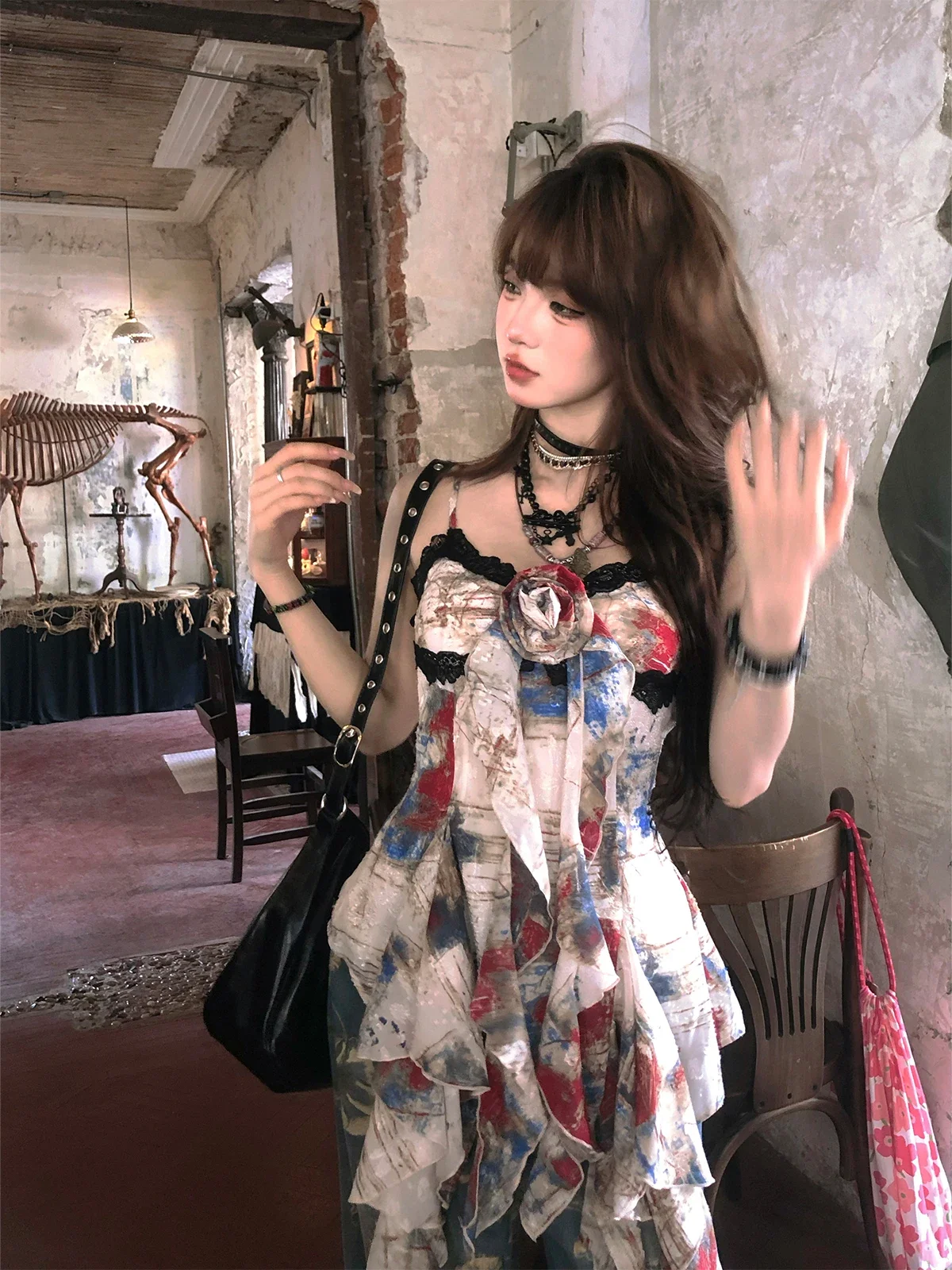 Dophee 하이 퀄리티 여성용 불규칙 프린트 민소매 레이스 탱크 탑 + 와이드 레그 데님 바지, 요정 수트, 여름 투피스 세트