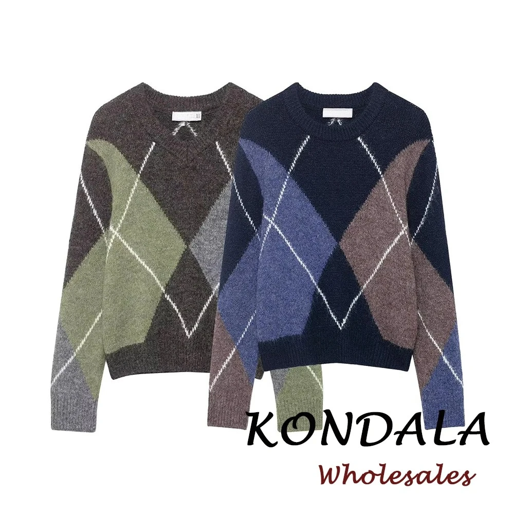 KONDALA Chic 2026 Plaid Streetwear O-Neck Women Knitwear Fashion Sweater Diamond Pattern Loose Pullover Loose Female Sweaters