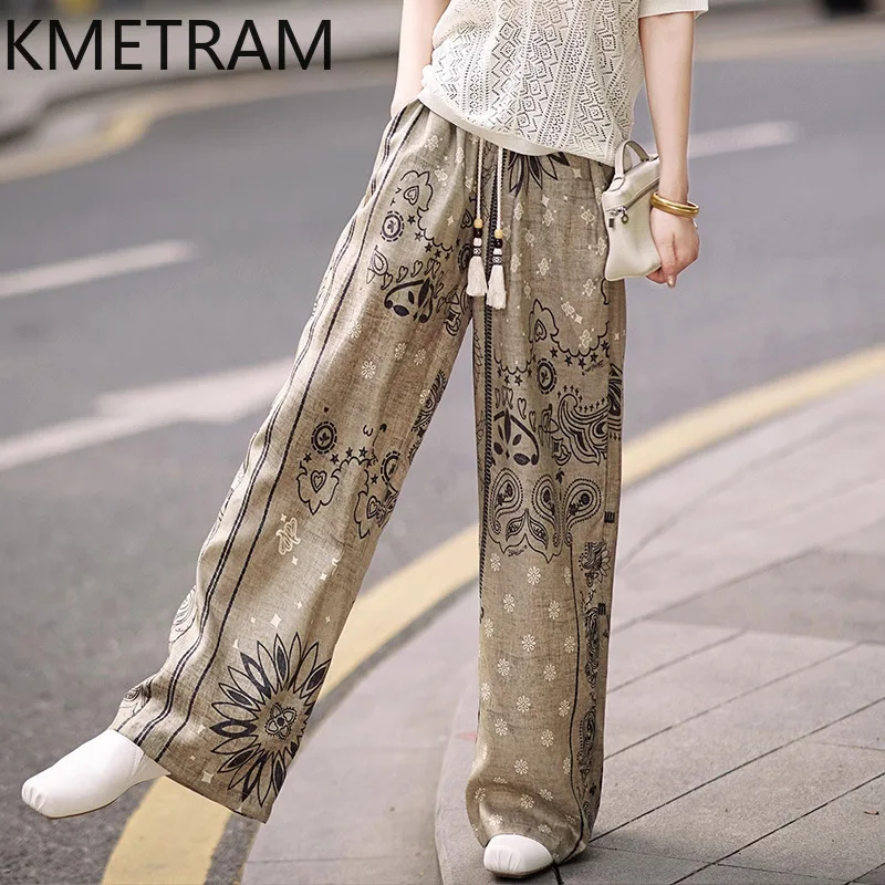 KMETRAM 100% Mulberry Silk Pants for Woman Fashion Printed Straight Pants Casual Baggy Trousers Summer Women Clothes 2026 штаны