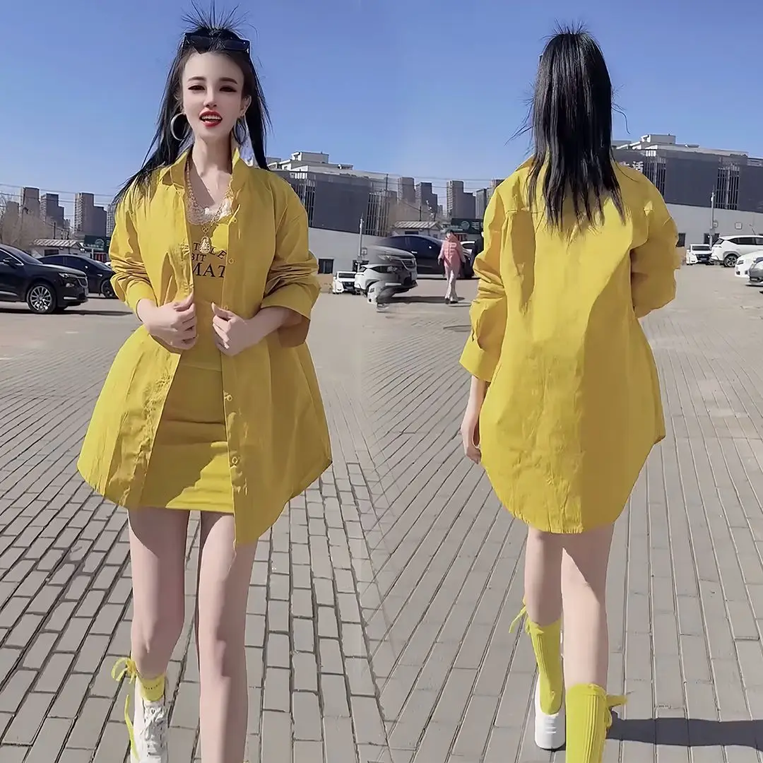 

Fashionable Long Sleeve Shirt And Belted Skirt Set Women's Spring Summer New Style Collar Slim Fit Midi Dress Two Piece Set