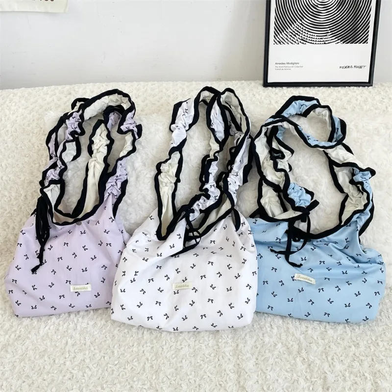 

Student Girl Crossbody Bag INS Simplicity Sweet Bow Ruffle Bag Portable Large Capacity Notebook Stationery Makeup Storage Bag