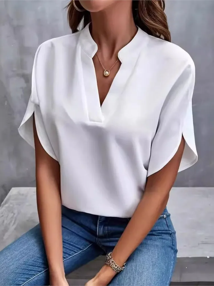 Elegant Women Tops And Blouses 2024 Summer Fashion V-neck Short Sleeve Loose Shirt Casual Office White Top Femme Blouse