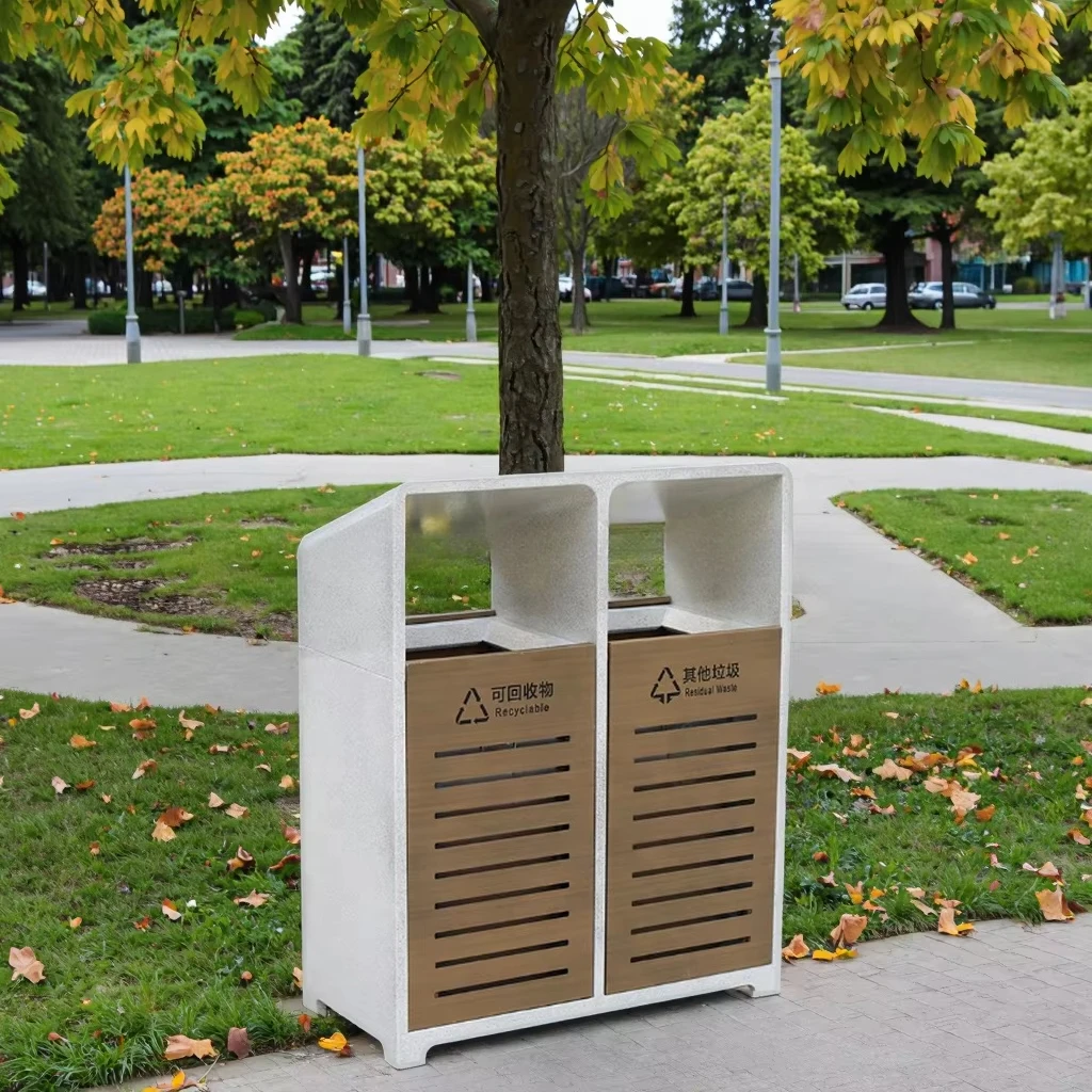 High Wooden Grain Quality Outdoor Trash Bin Metal Parkview Dustin Classified Public Waste Bin Commercial Recycling Bin