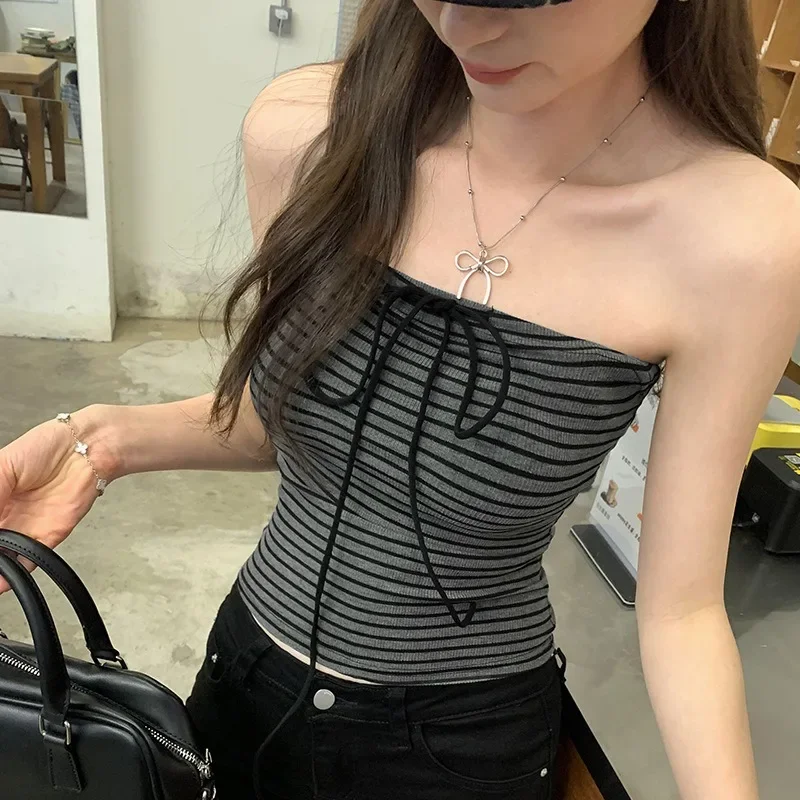 

Elastic Strapless Bandage Top Butterfly Knot Slimming Design American Hot Girl Vintage Striped Sleeveless Vest Polyester Fiber