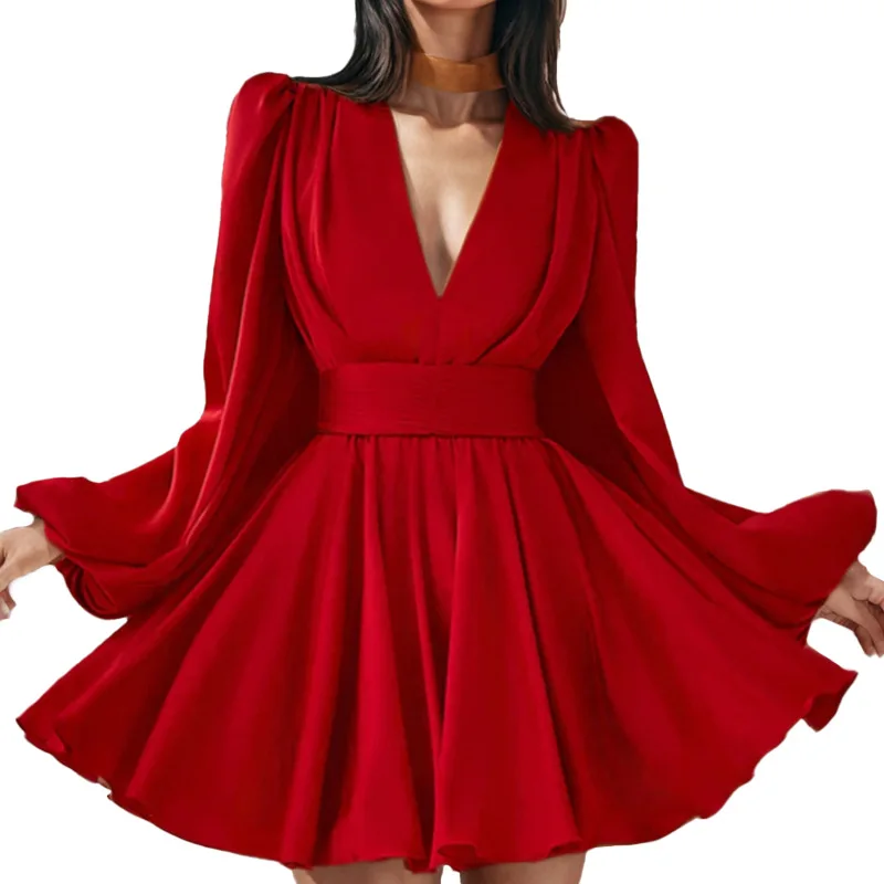 2025 Spring and Summer New Temperament Elegant Personality Simple Women's Fashion Dress Deep V Neck Waist Solid Color Dress