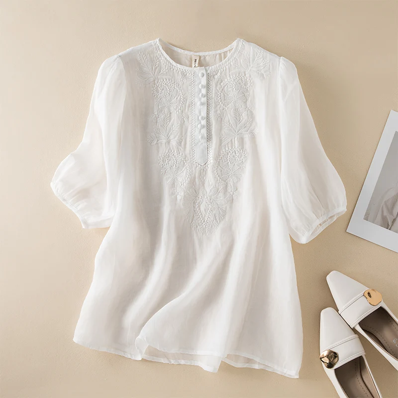 Cotton Linen Shirt for Women Summer 2023 New In Embroidery Solid Casual Blouses Loose Fashion Short Sleeve Top O-Neck